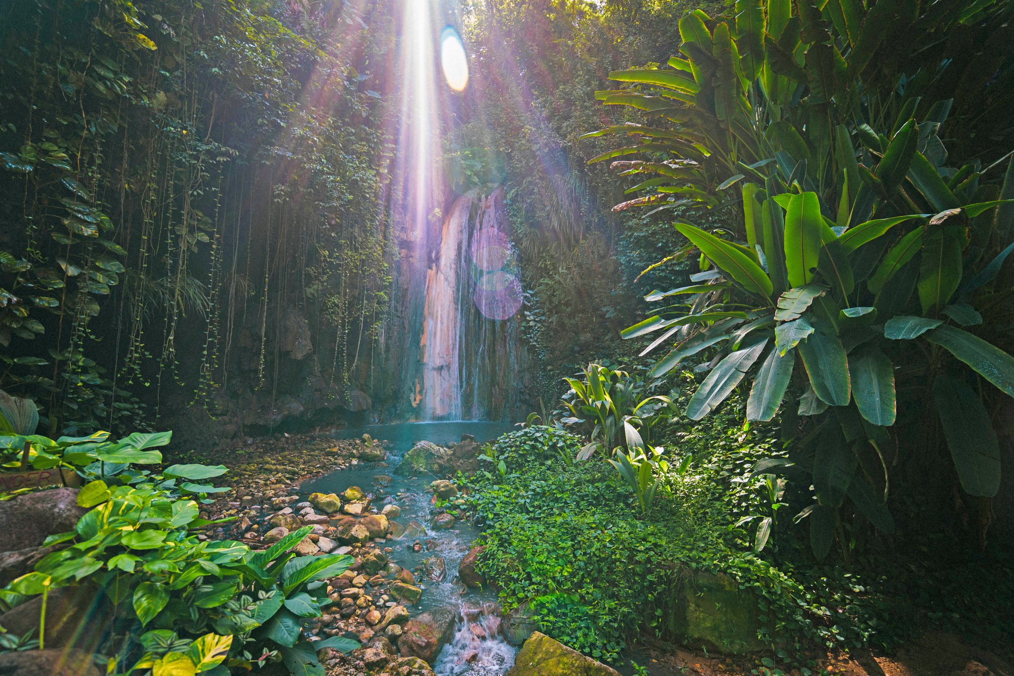 tropical diamond waterfall on caribbean island with sunlight, St. Lucia