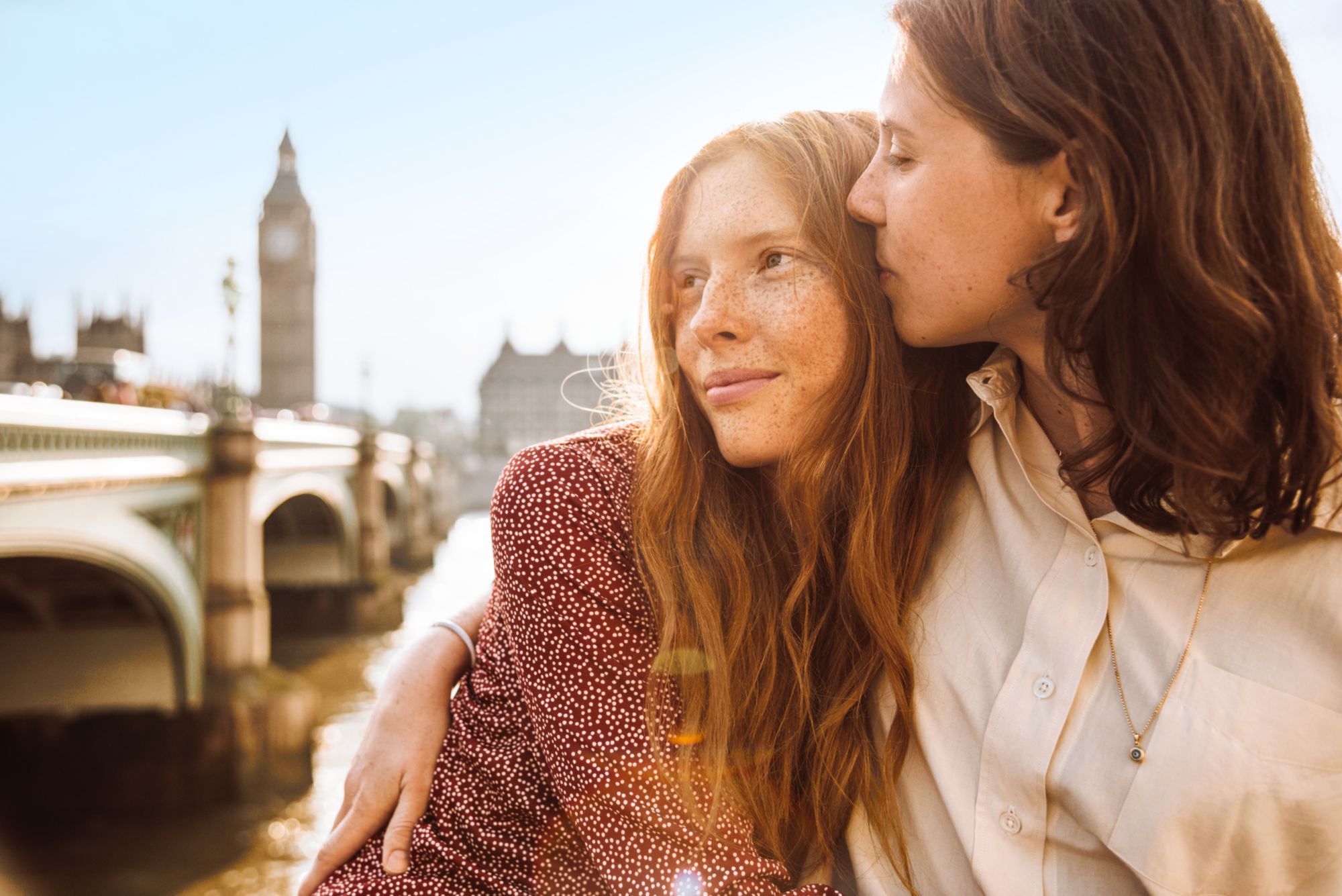 lesbian couple kissing at westminster bridge