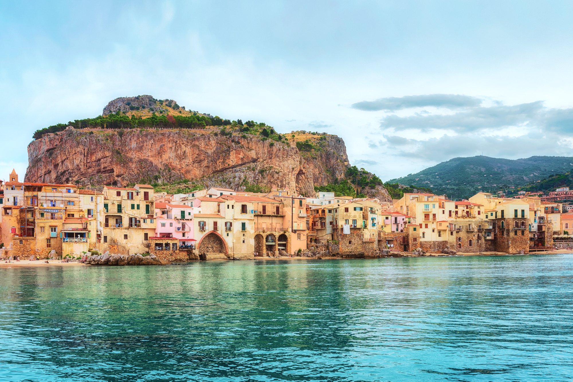 Cityscape of Cefalu old town and the Mediterranean Sea, Palermo region, Sicily island in Italy