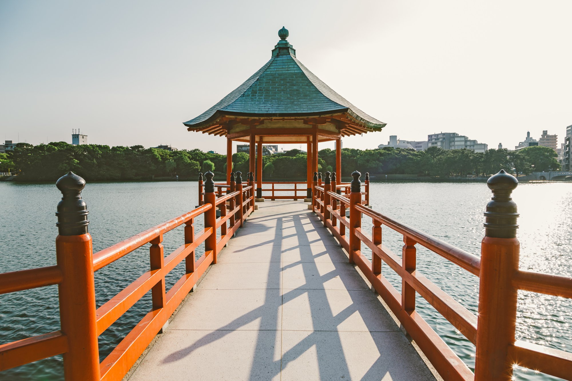 Fukuoka Ohori park. Lake and gazebo landscape