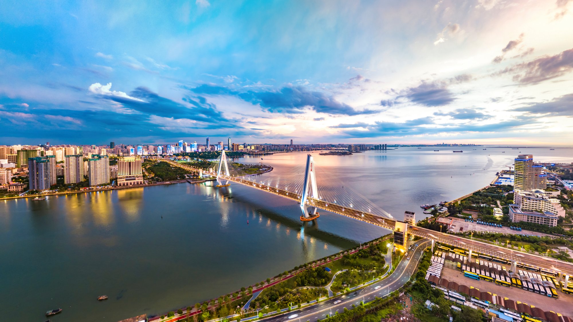 Haikou, Hainan, China Sunset Aerial View.