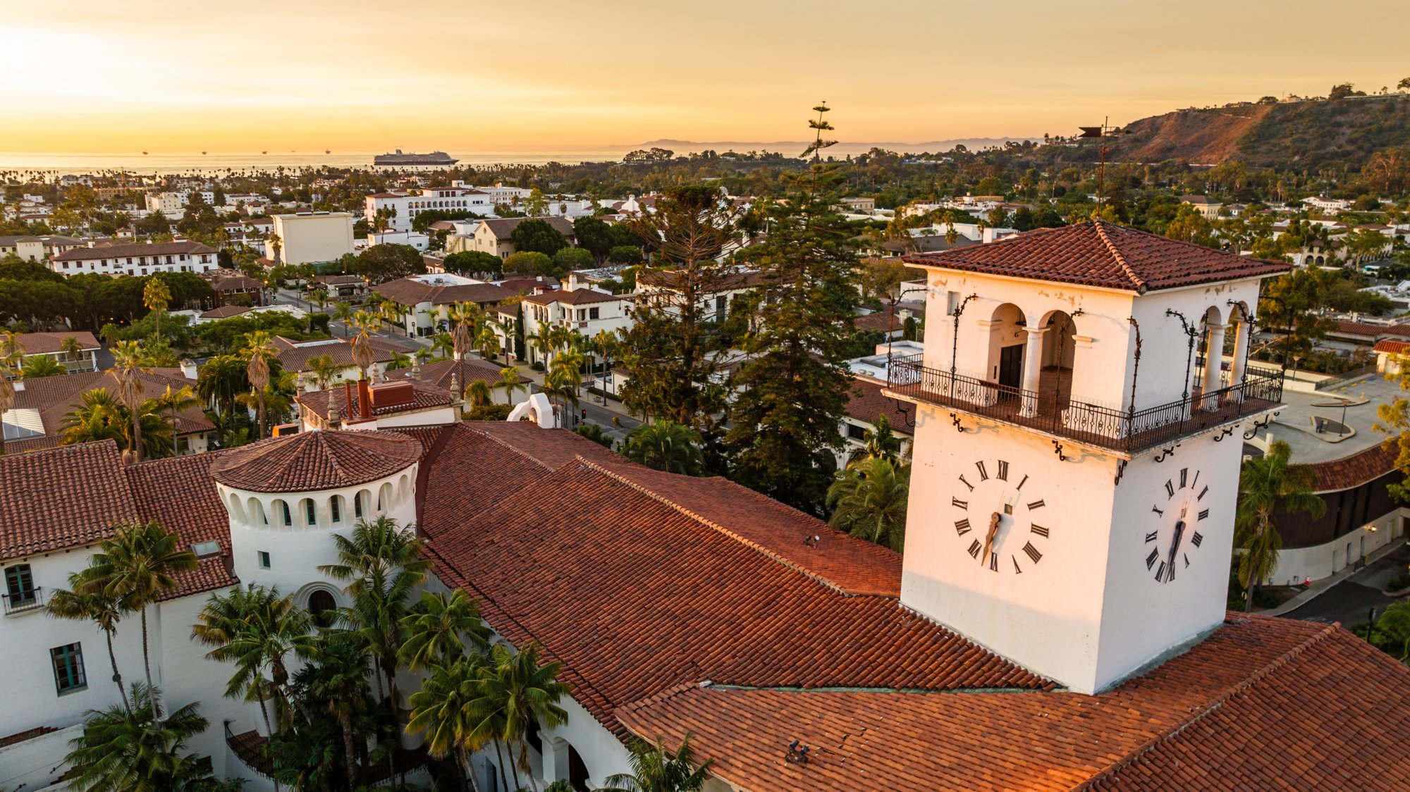 Santa Barbara's historic county courthouse on Anacapa Street as the early morning sunrises over the Pacifica Ocean.