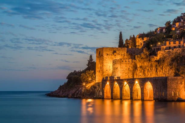 Sunset at the historic Alanya Shipyard in Turkey