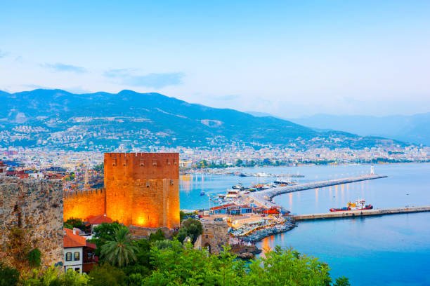 View of Alanya and harbour at sunset. Turkey