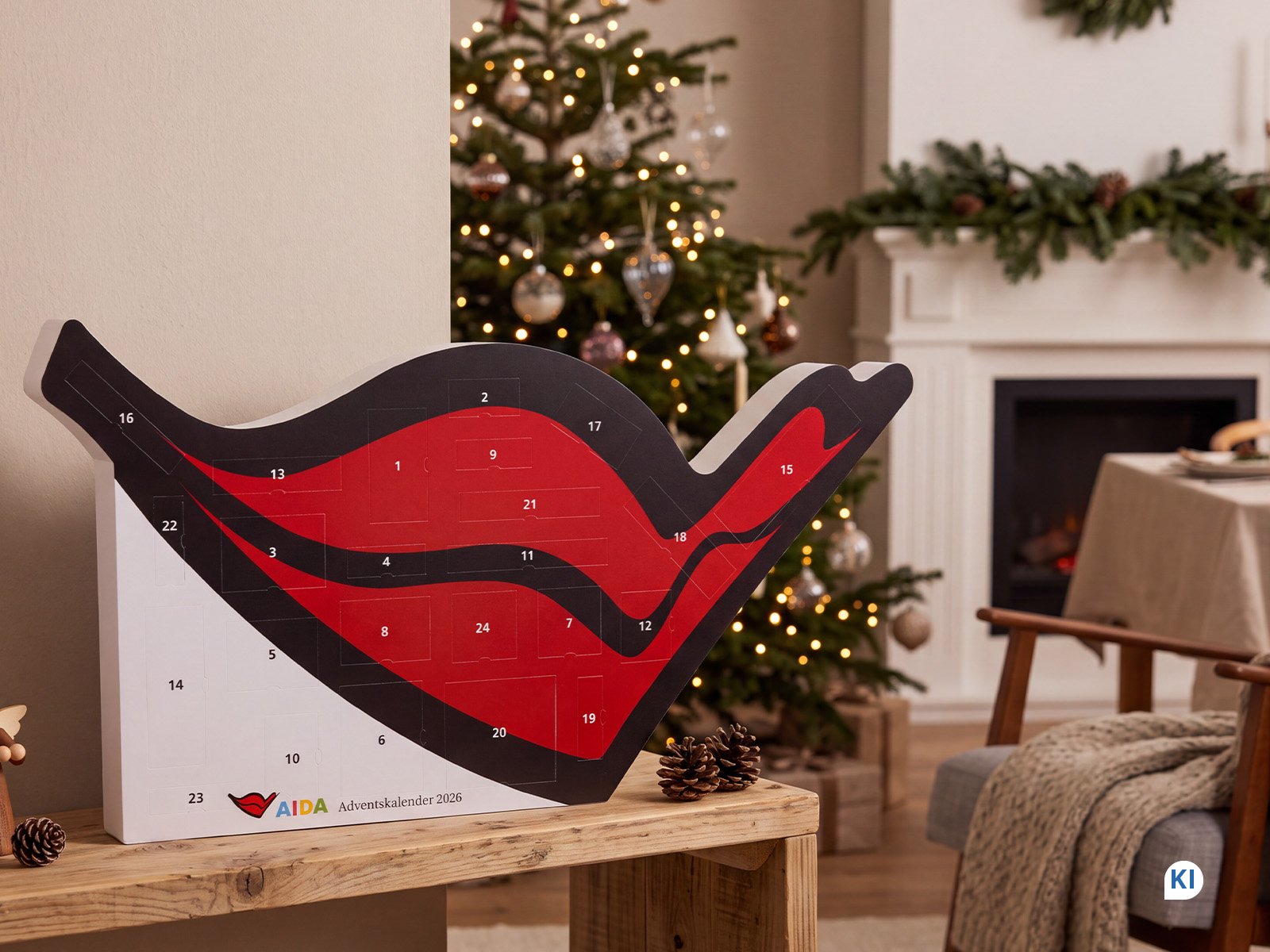 AIDA Adventskalender in einem weihnachtlich dekorierten Wohnzimmer