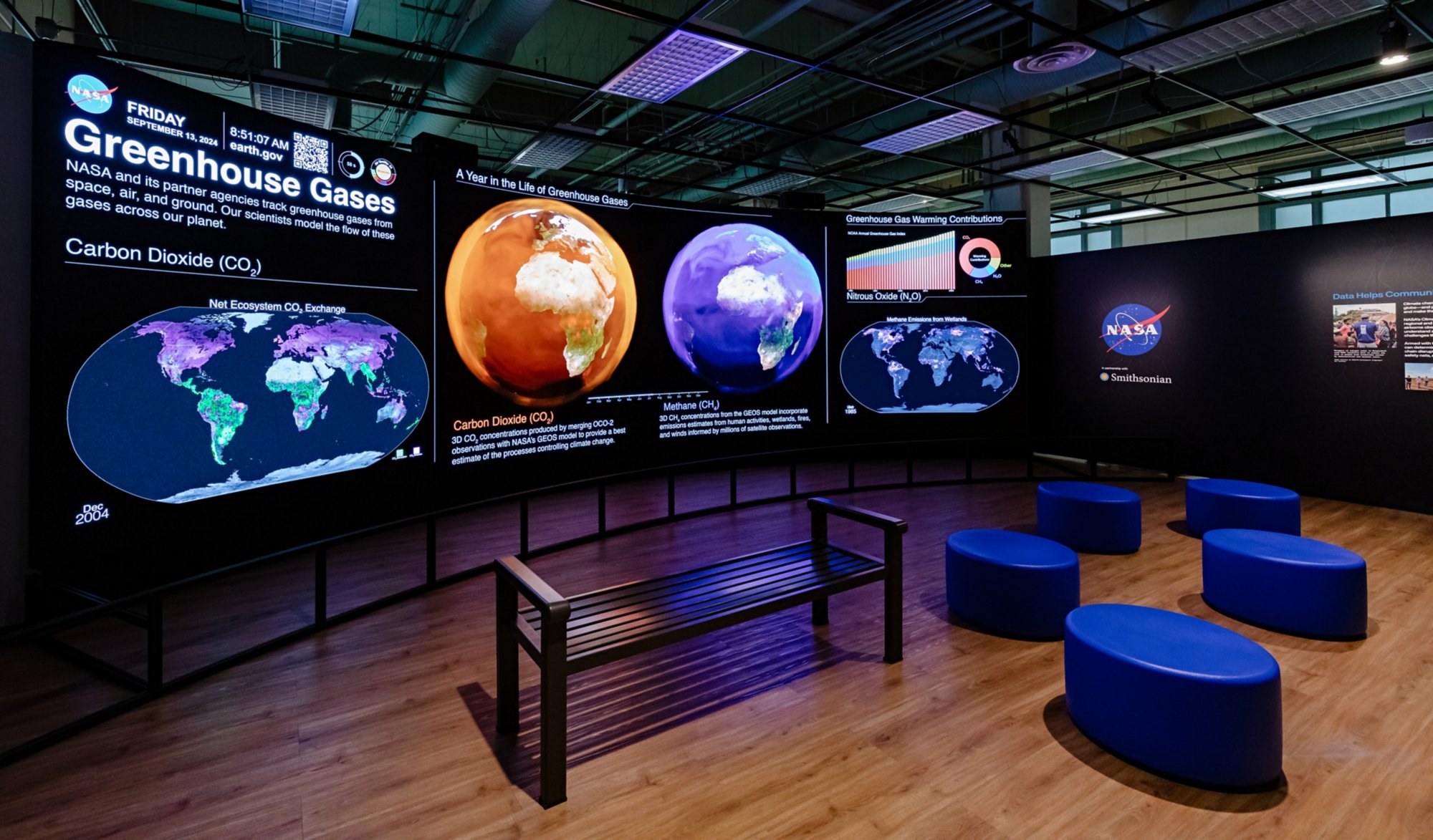 The Hyperwall in NASA's Earth Information Center at the National Museum of Natural History.Most people are familiar with NASA’s groundbreaking work exploring other planets and distant stars. But for the past 50 years, NASA satellites have also provided in-depth data on Earth itself to see how our unique planet’s land, water and climate are changing in real time. In this exhibition, NASA has teamed up with the Smithsonian National Museum of Natural History to present its crucial research stories alongside Smithsonian science that illustrate for our visitors how a planetary perspective can help solve some of Earth’s most pressing issues. The immersive space includes graphics, interactives, and a sprawling, state-of-the-art video wall that showcases awe-inspiring visualizations and stories told by people using NASA’s unparalleled Earth data.