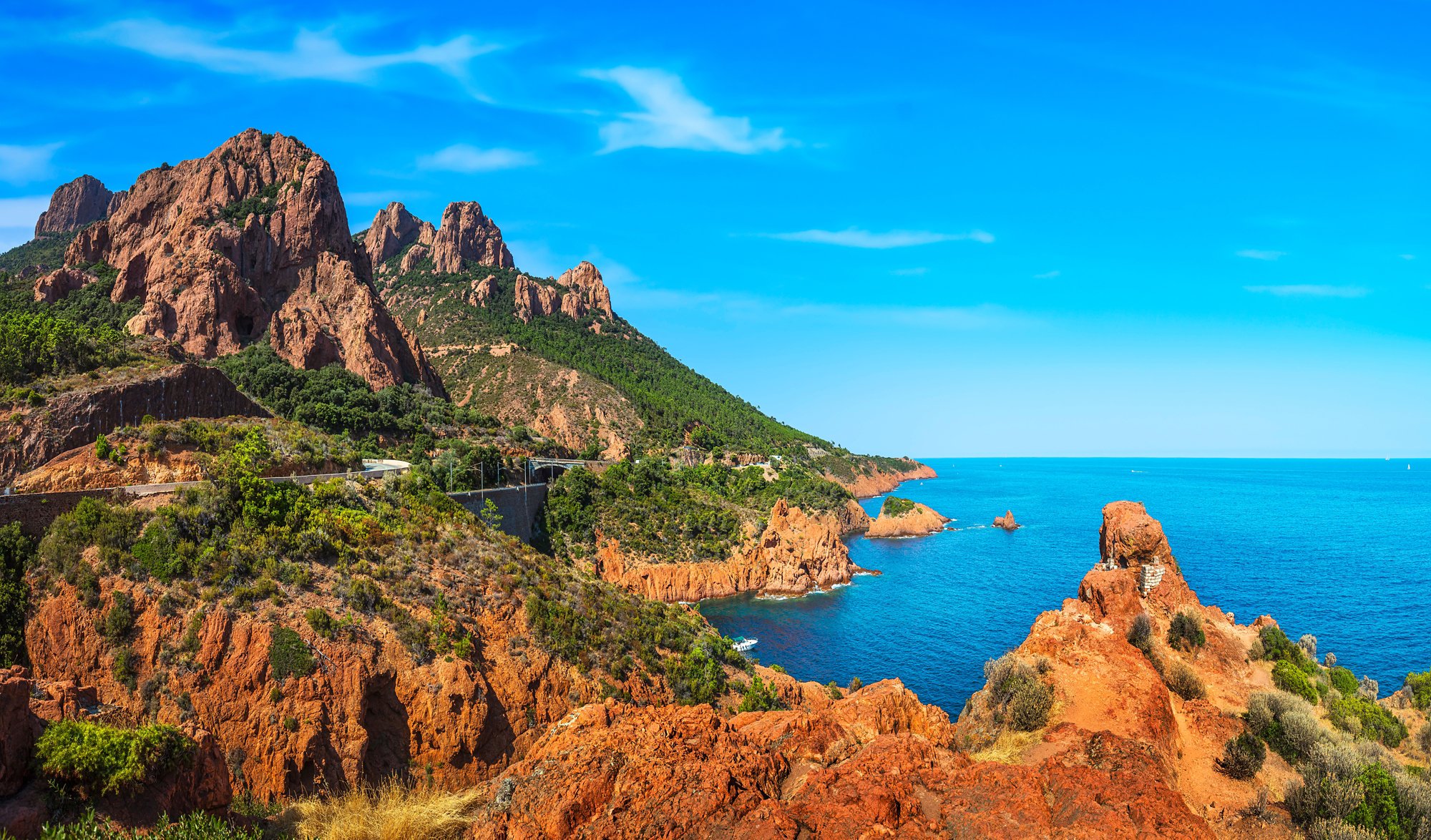 Esterel mediterranean red rocks coast, beach and sea. French Riviera in Cote d Azur near Cannes Saint Raphael, Provence, France, Europe.