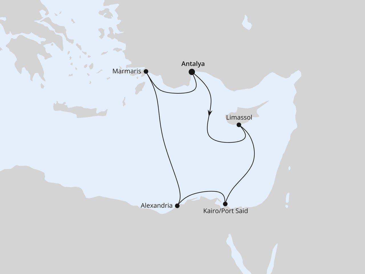 Routenkarte der AIDA Kreuzfahrt Östliches Mittelmeer mit Ägypten