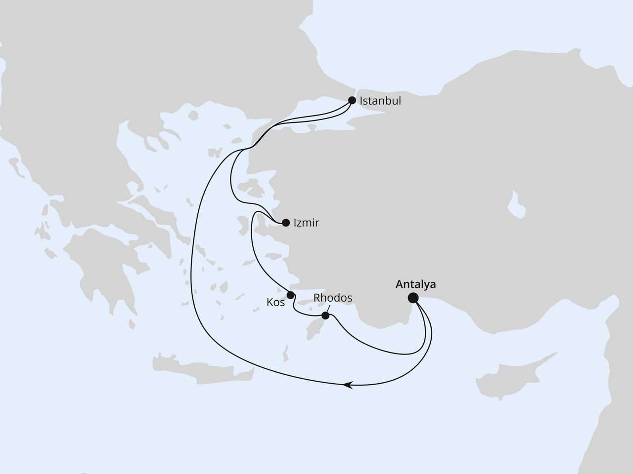 Routenkarte der AIDA Kreuzfahrt Östliches Mittelmeer mit Istanbul