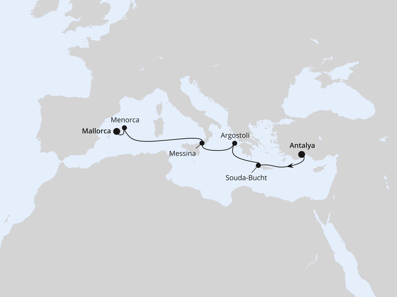 Routenkarte: Mittelmeerinseln ab Antalya