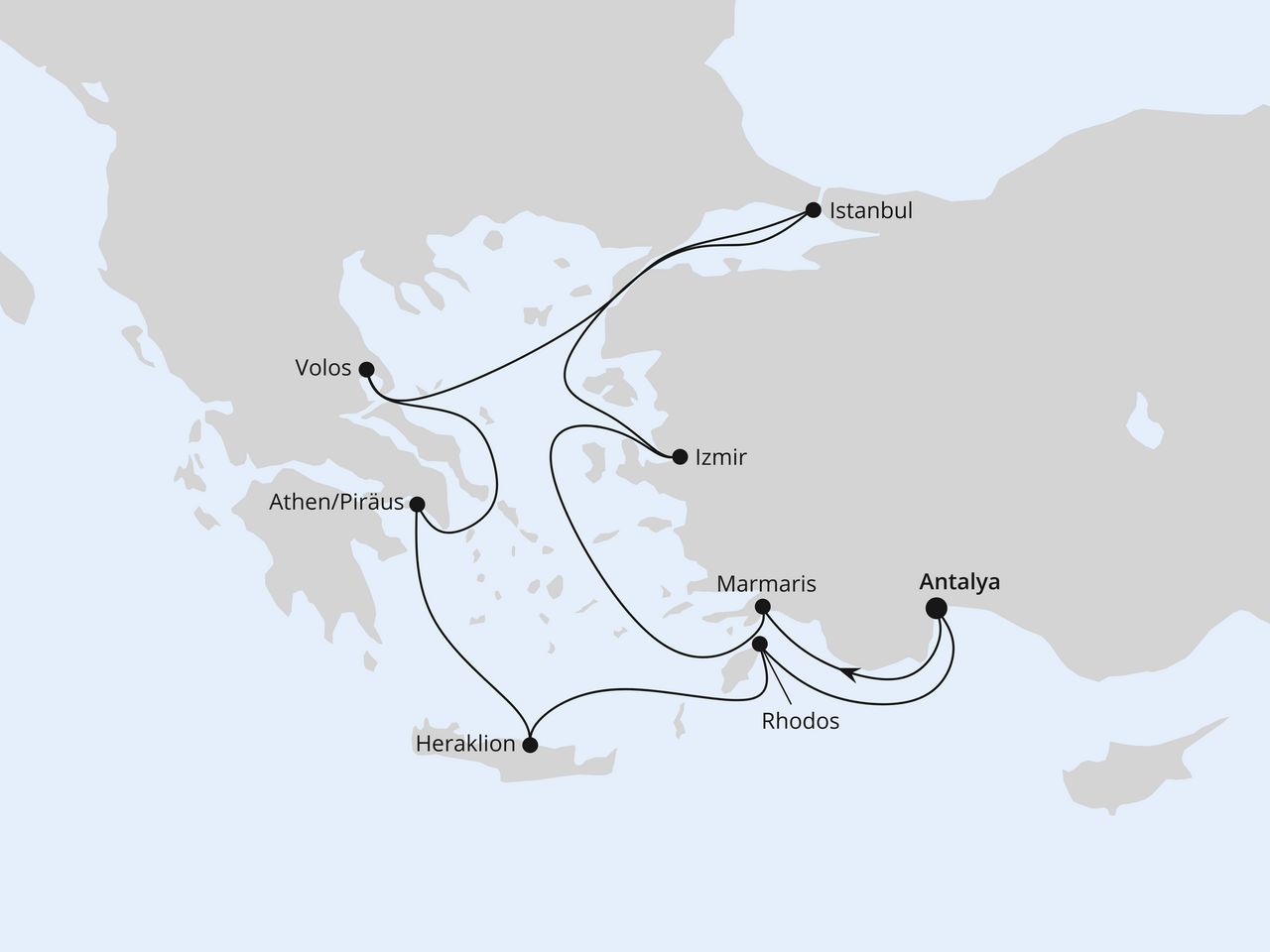 Routenkarte: Östliches Mittelmeer mit Istanbul ab Antalya 2
