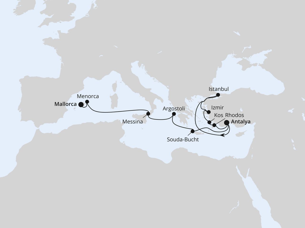 Routenkarte: Mittelmeerinseln mit Istanbul ab Antalya