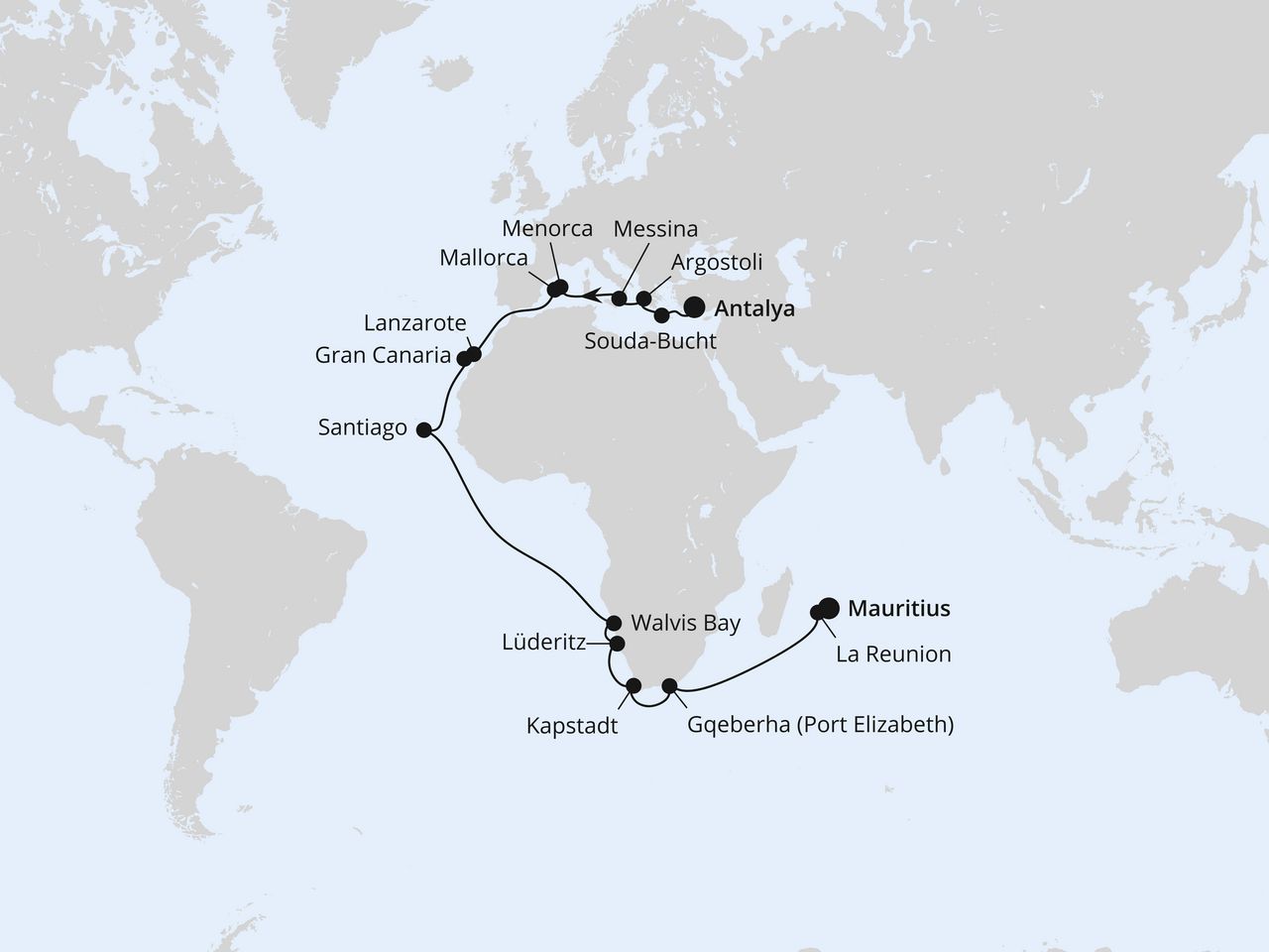 Routenkarte: Von Antalya über Namibia nach Mauritius