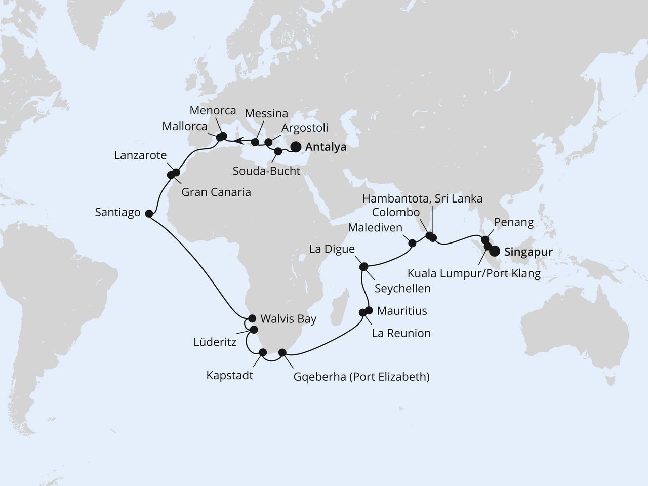 Routenkarte: Weltenbummler Mittelmeer, Afrika & Indischer Ozean