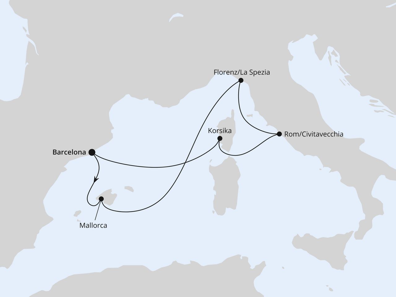 Routenkarte der AIDA Kreuzfahrt Mediterrane Schätze mit Korsika ab Barcelona