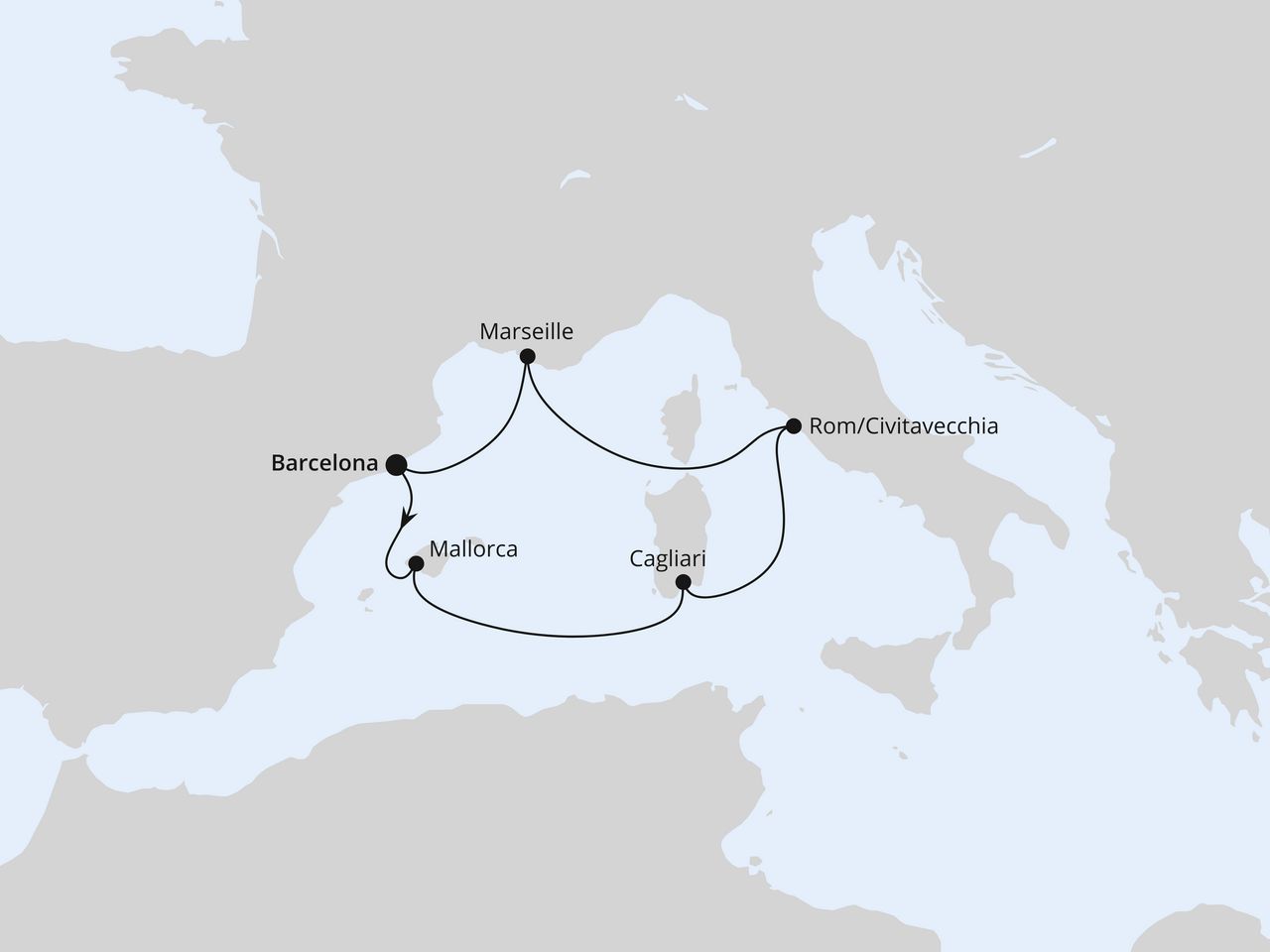 Routenkarte der AIDA Kreuzfahrt Mediterrane Schätze mit Sardinien ab Barcelona