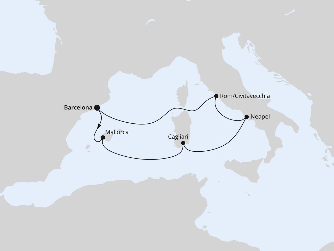 Routenkarte: Mediterrane Schätze mit Sardinien ab Barcelona