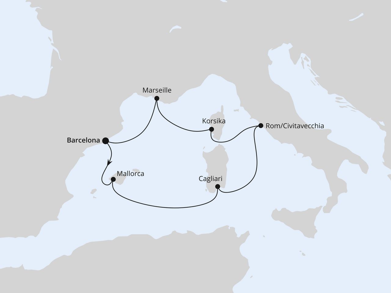 Routenkarte: Mediterrane Schätze mit Sardinien ab Barcelona