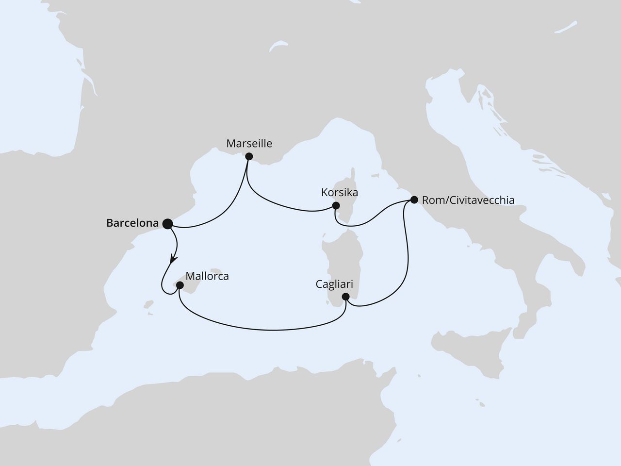 Routenkarte der AIDA Kreuzfahrt Mediterrane Schätze mit Sardinien ab Barcelona