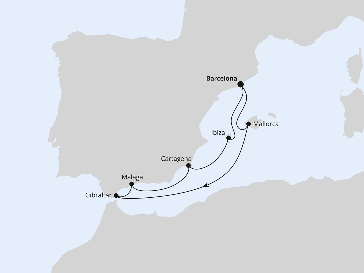 Routenkarte: Mediterrane Schätze mit Gibraltar ab Barcelona