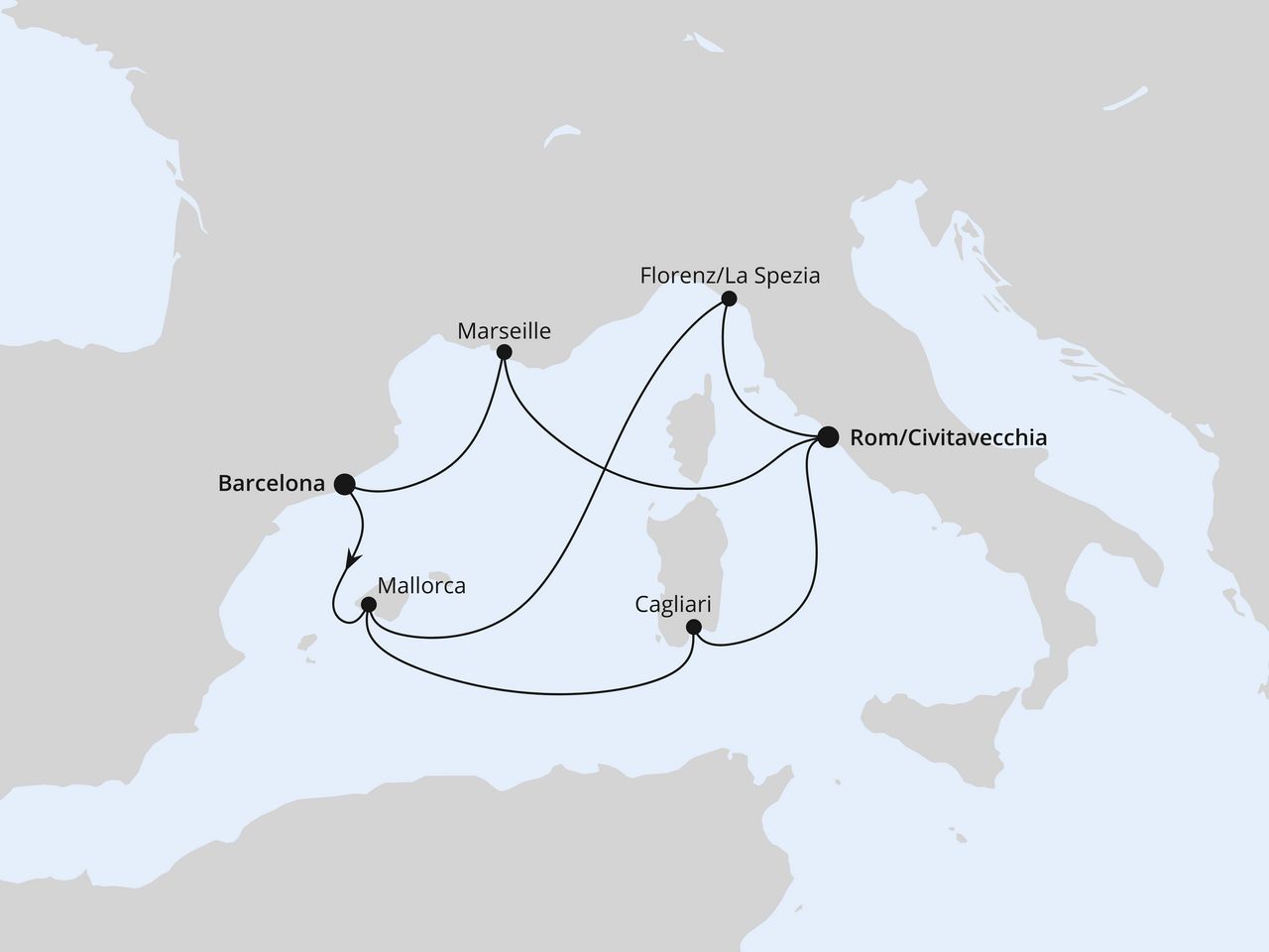 Routenkarte der AIDA Kreuzfahrt Spanien, Frankreich & Italien ab Barcelona 2