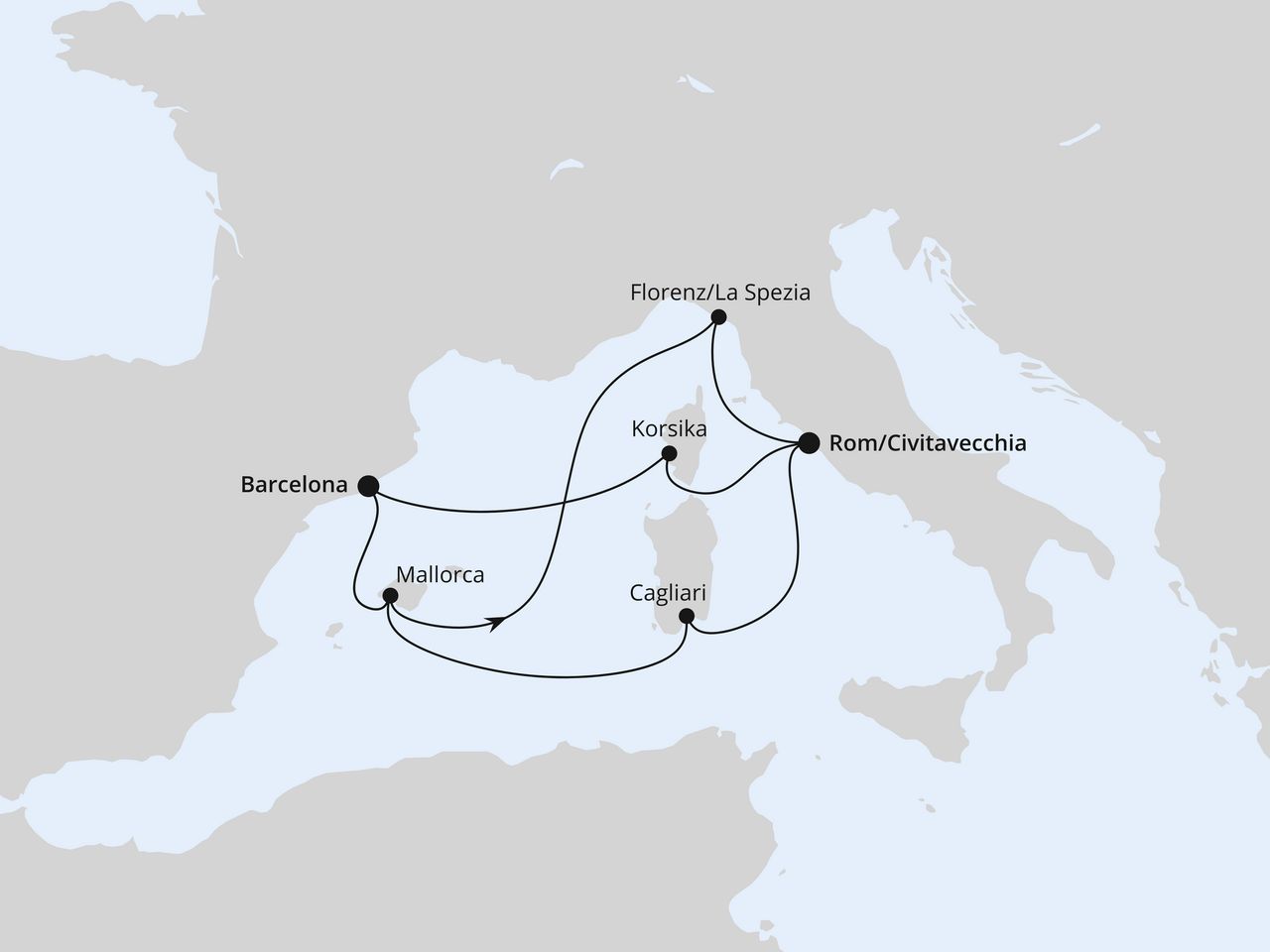 Routenkarte der AIDA Kreuzfahrt Spanien, Frankreich & Italien ab Barcelona 1