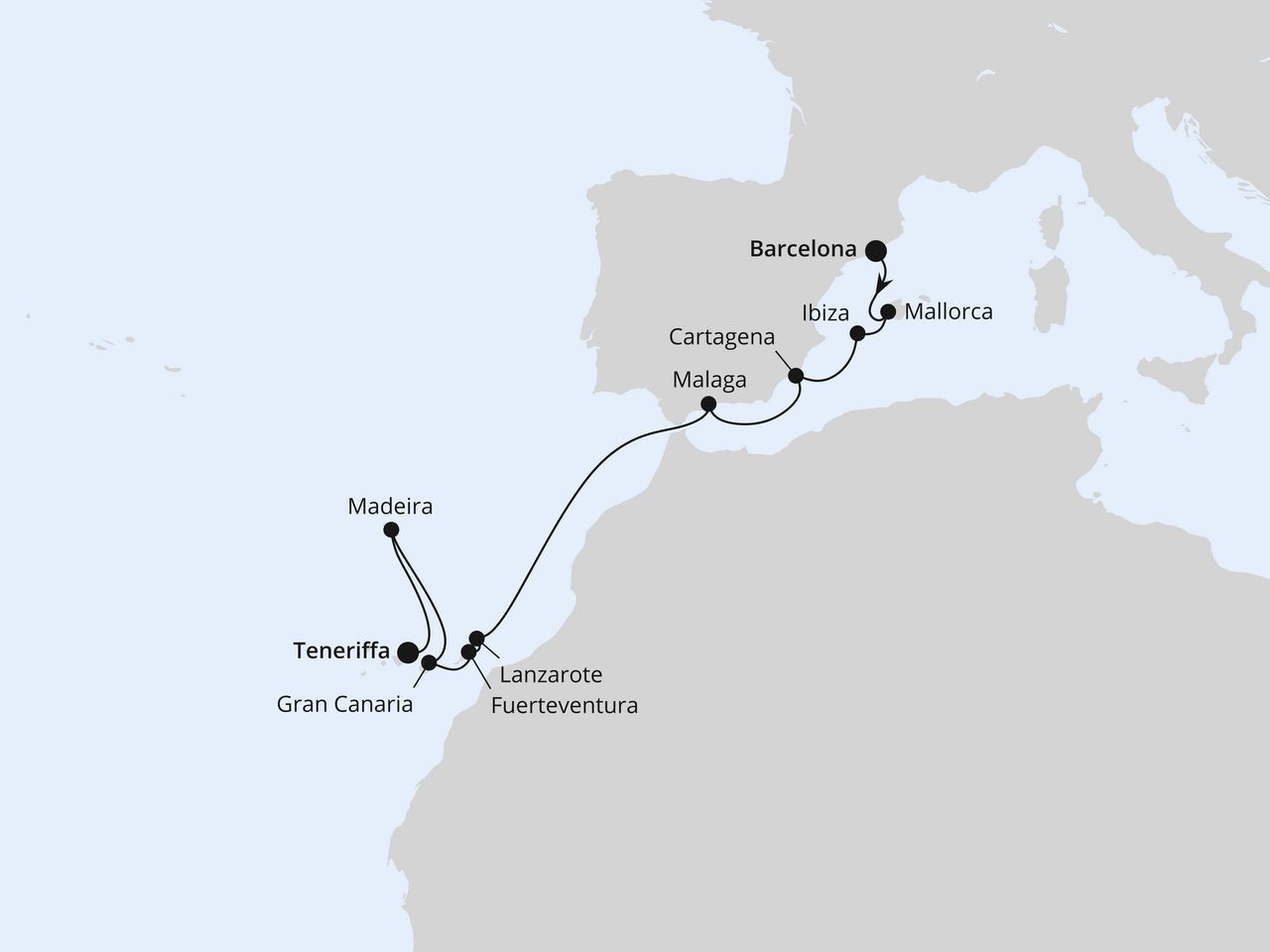 Routenkarte: Andalusien, Kanaren & Madeira ab Barcelona