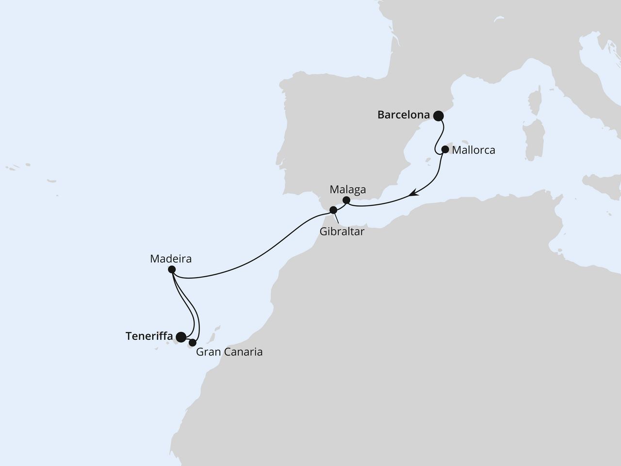 Routenkarte: Andalusien, Kanaren & Madeira ab Barcelona