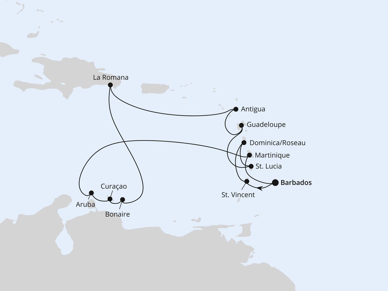 Routenkarte: Karibische Inseln ab Barbados