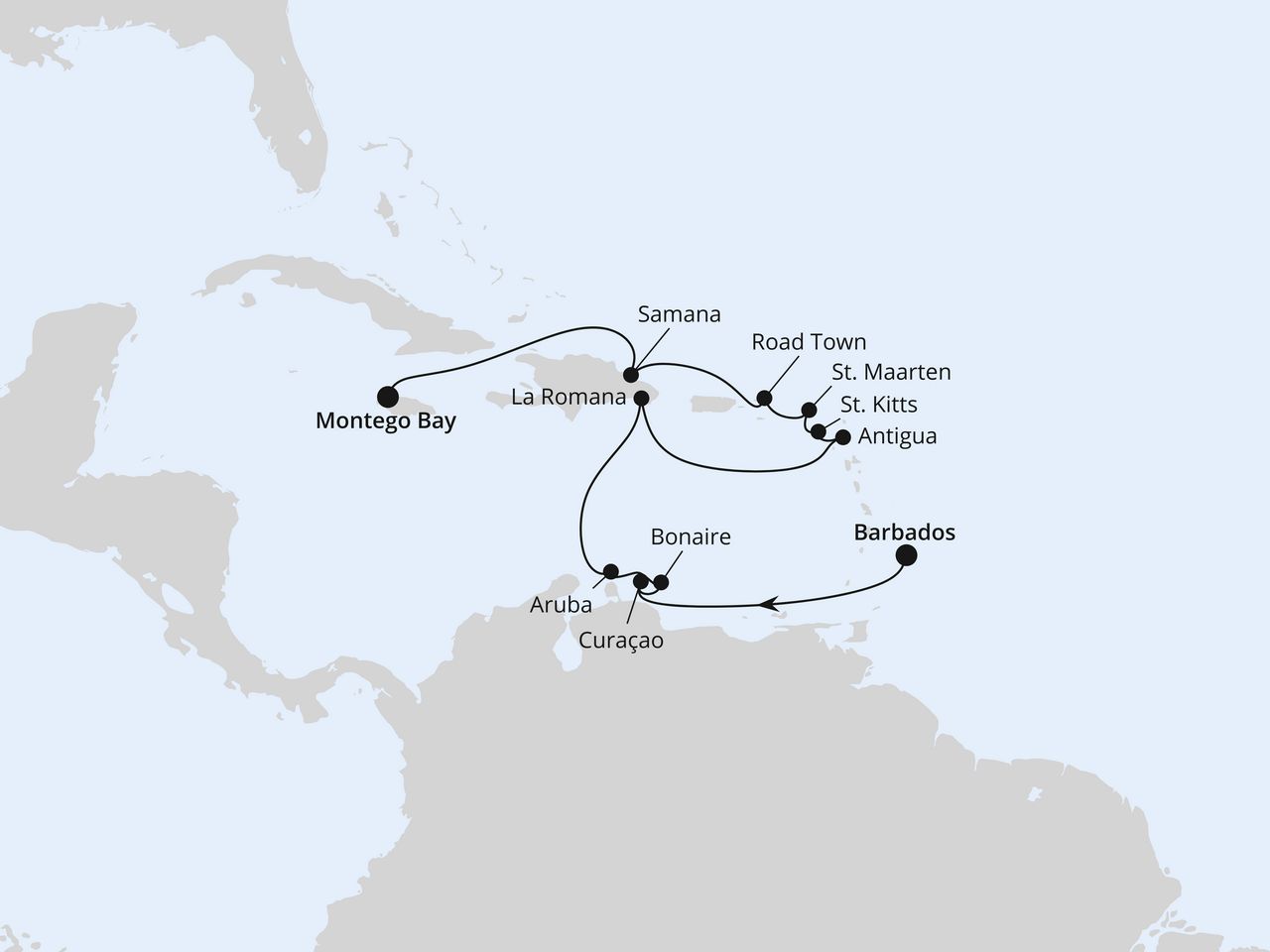 Routenkarte: Karibische Inseln ab Barbados