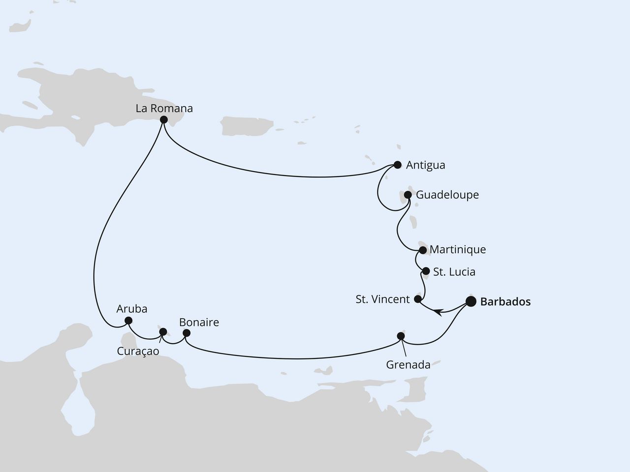 Routenkarte: Karibische Inseln ab Barbados