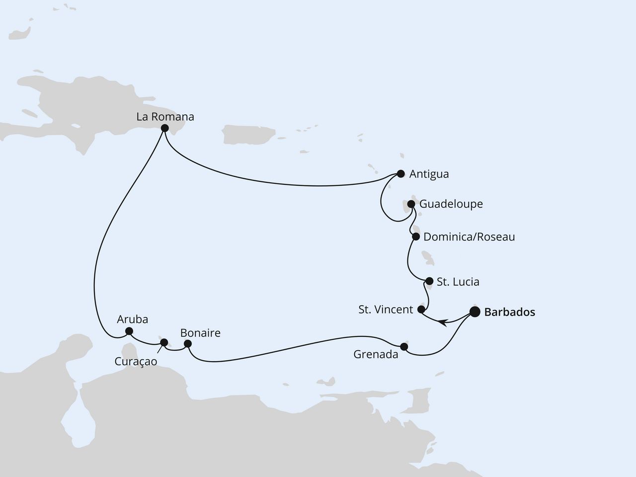 Routenkarte: Karibische Inseln ab Barbados