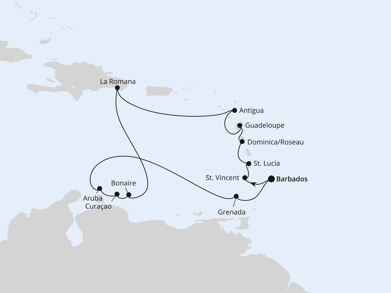 Routenkarte: Karibische Inseln ab Barbados