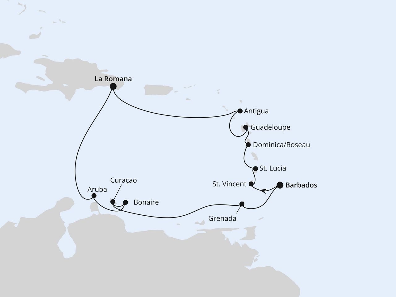 Routenkarte: Karibische Insel-Rundreise ab Barbados