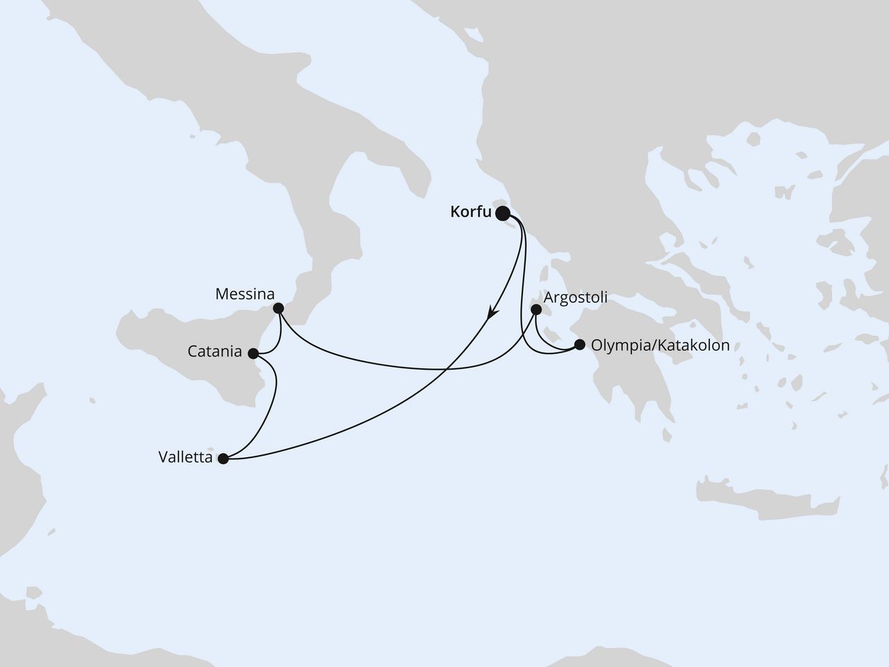 Routenkarte der AIDA Kreuzfahrt Mittelmeerinseln ab Korfu