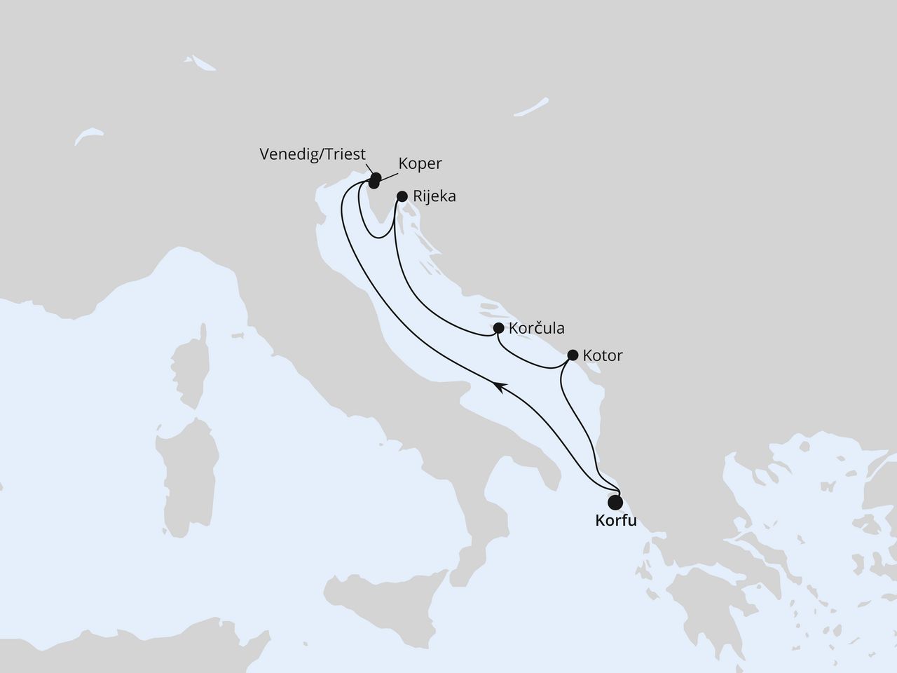 Routenkarte der AIDA Kreuzfahrt Adria ab Korfu 2