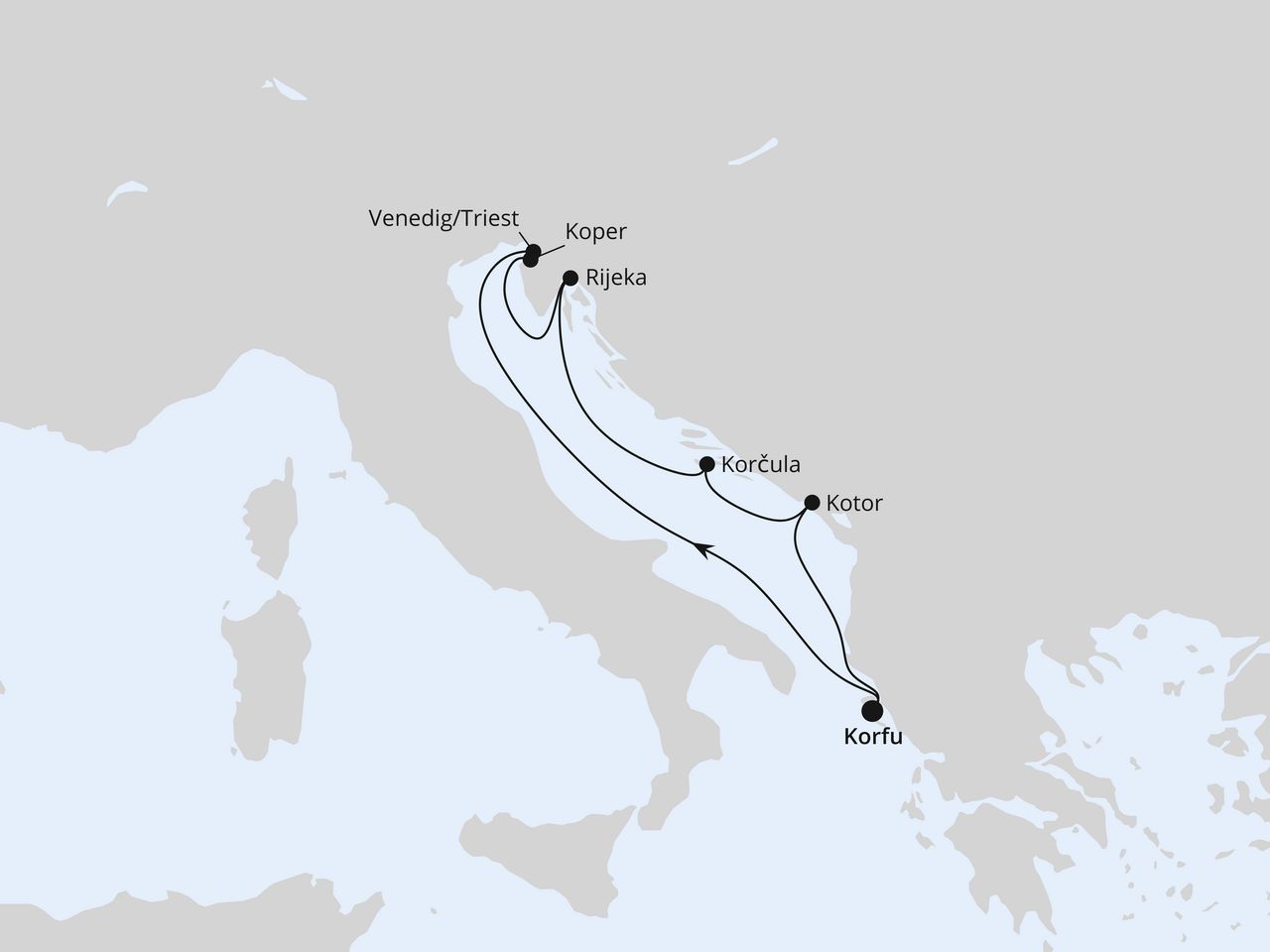 Routenkarte der AIDA Kreuzfahrt Adria ab Korfu 2