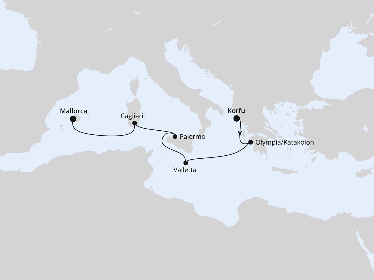 Routenkarte: Mittelmeerinseln von Korfu nach Mallorca
