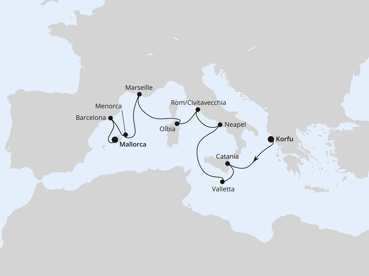 Routenkarte: Spanien, Italien & Malta ab Korfu