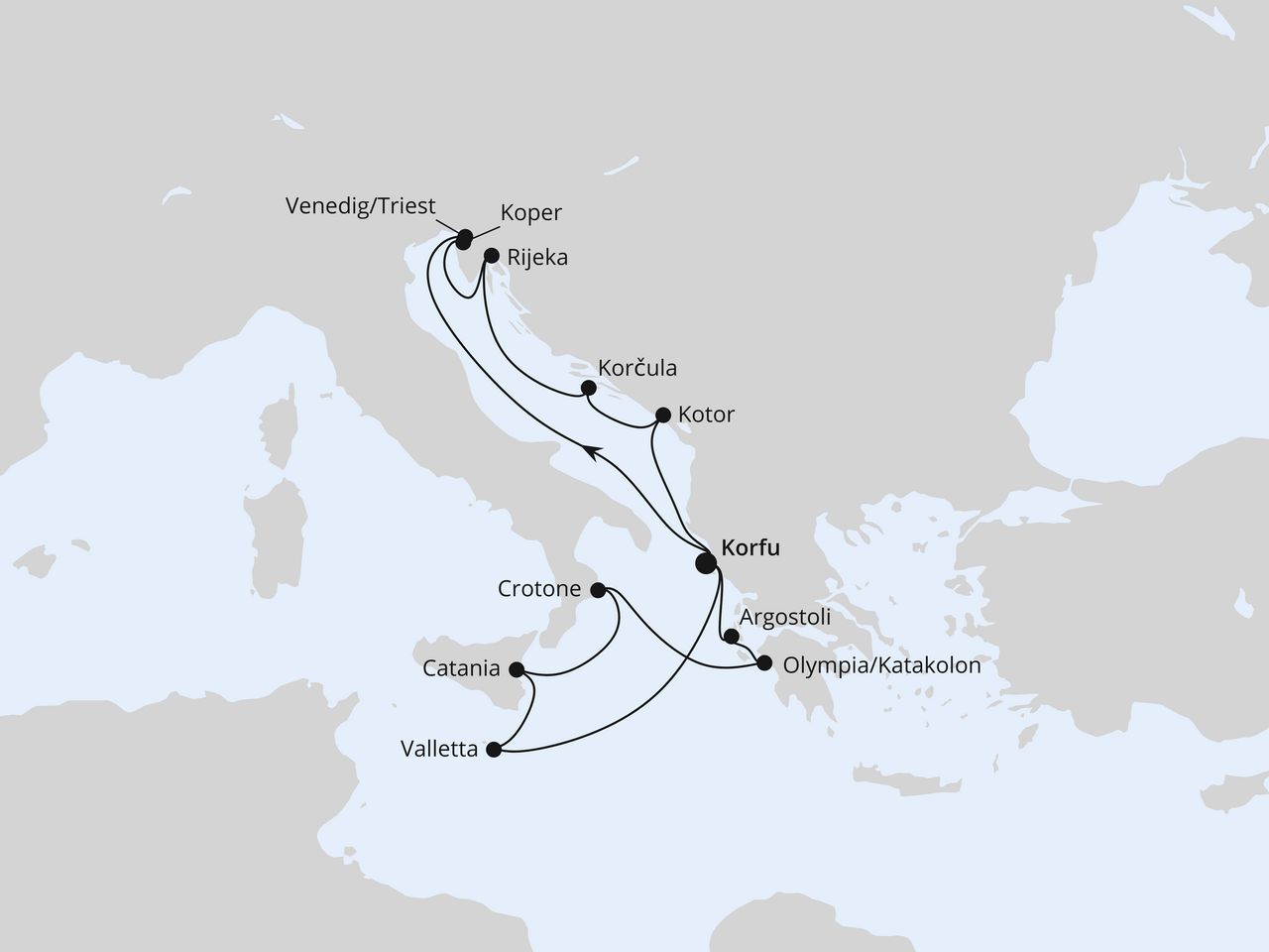 Routenkarte der AIDA Kreuzfahrt Adria & Mittelmeerinseln ab Korfu 1