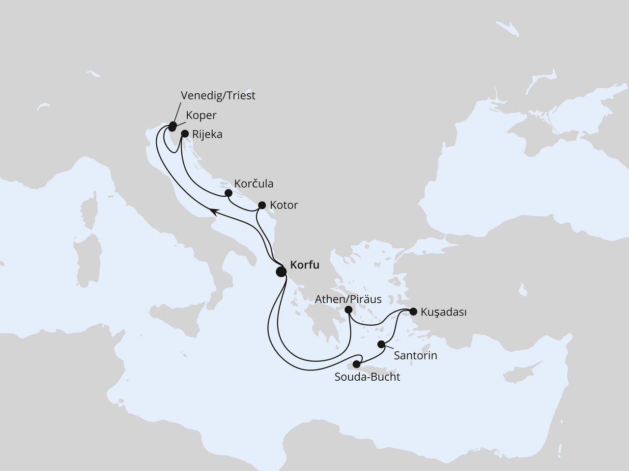 Routenkarte der AIDA Kreuzfahrt Adria & Griechenland ab Korfu 1
