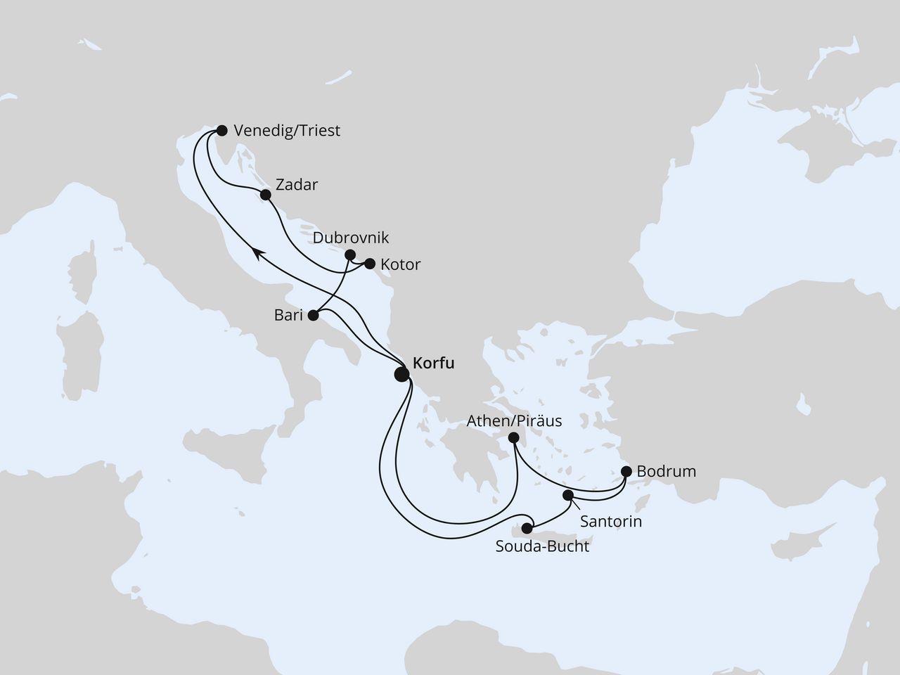 Routenkarte: Adria & Griechenland ab Korfu