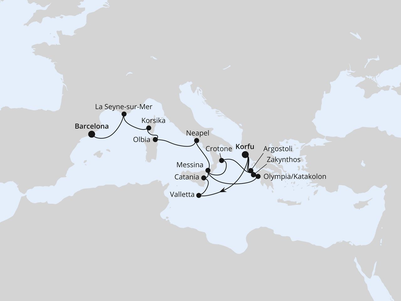 Routenkarte: Griechenland, Italien & Spanien ab Korfu 2