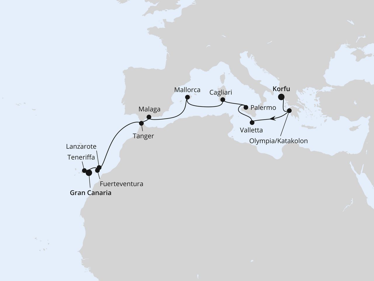 Routenkarte: Mittelmeer & Atlantikküste mit Kanaren ab Korfu