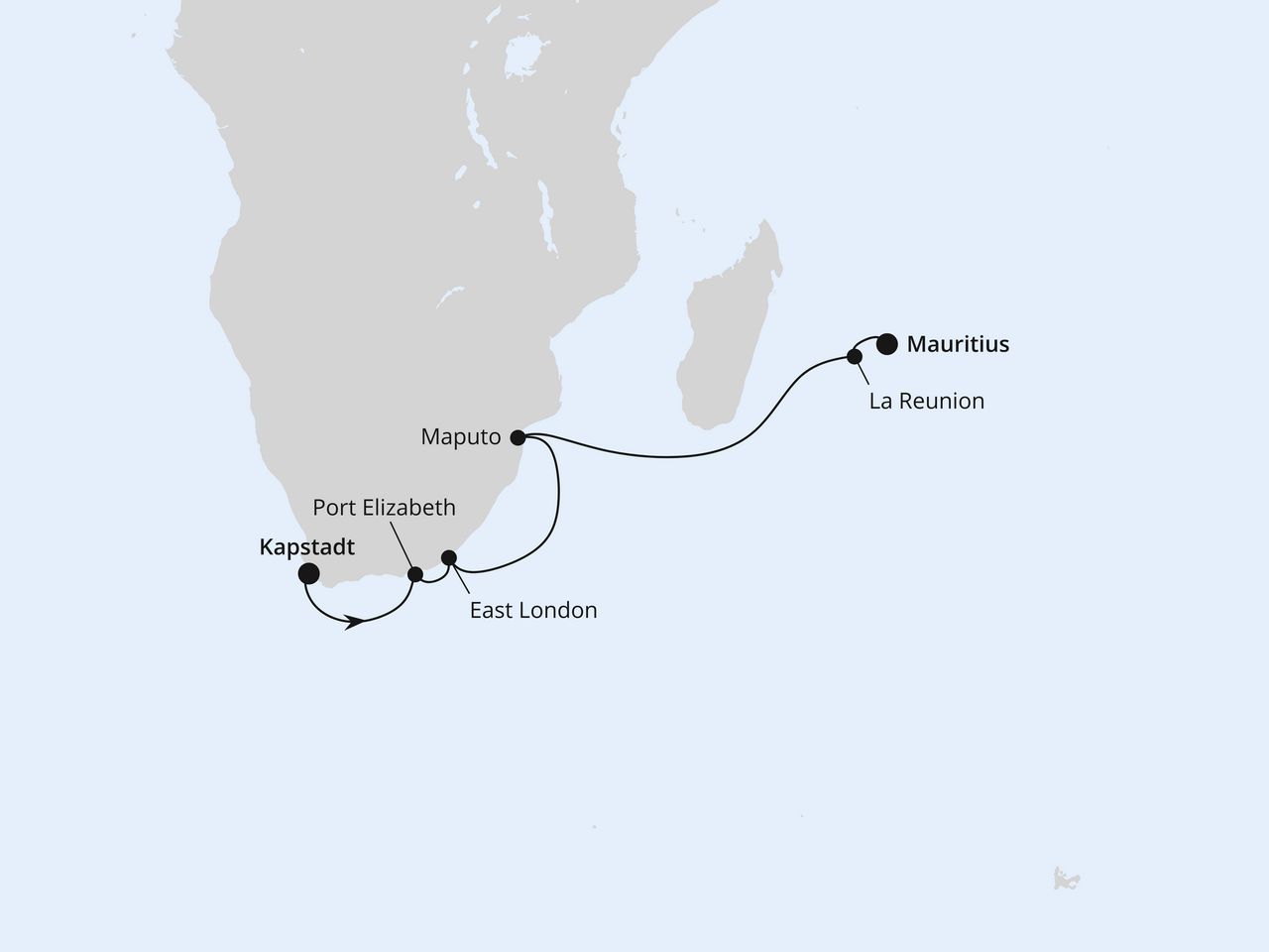 Routenkarte: Südafrika mit La Réunion & Mauritius 2