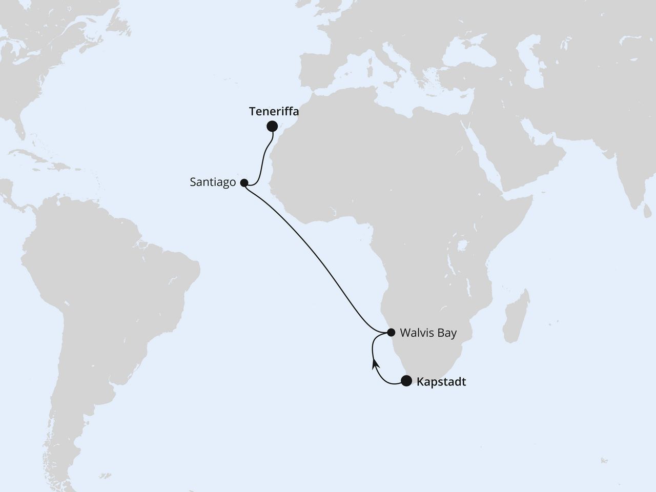 Routenkarte der AIDA Kreuzfahrt Von Kapstadt über Namibia nach Teneriffa