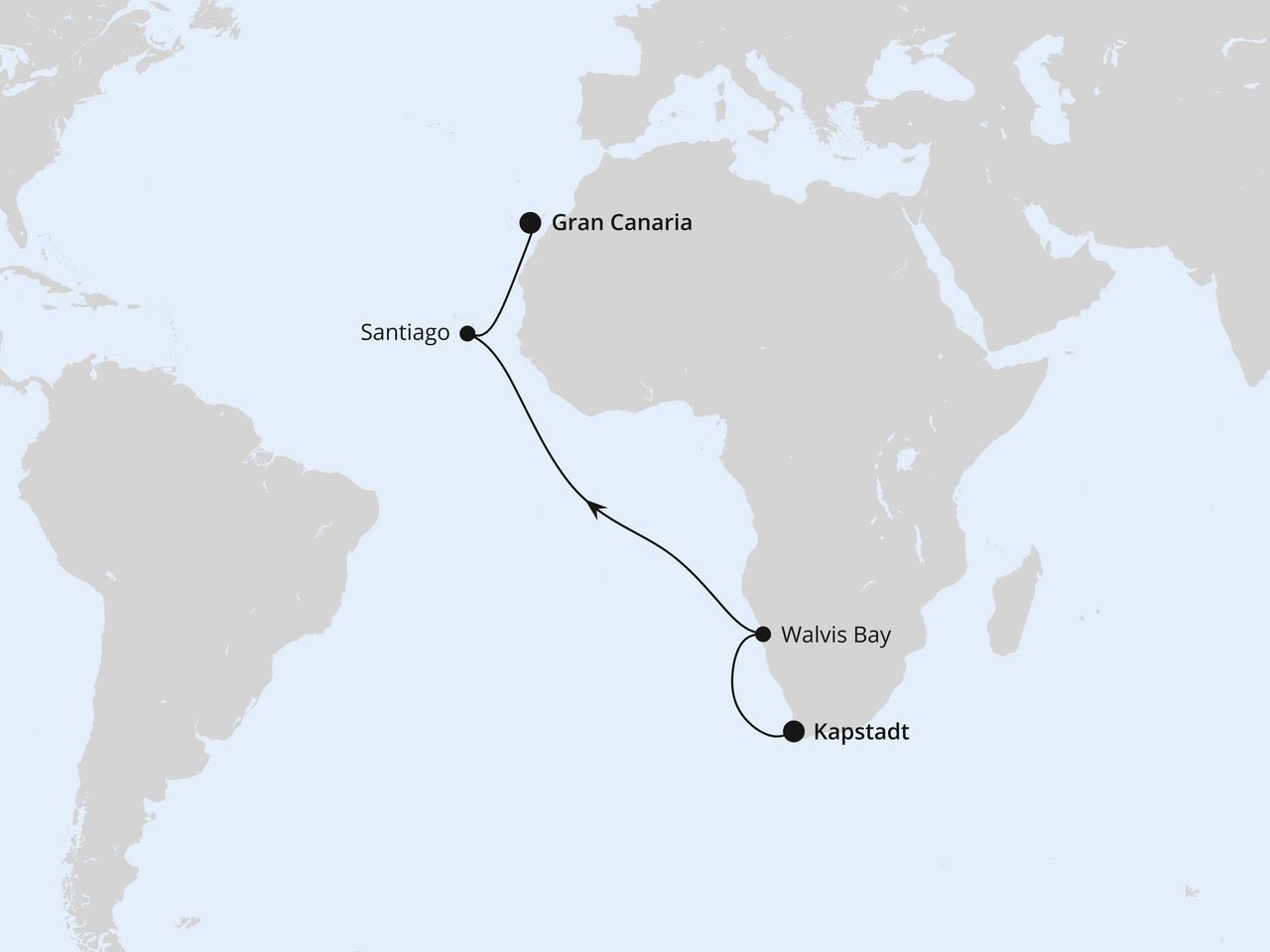 Routenkarte der AIDA Kreuzfahrt Von Kapstadt über Namibia nach Gran Canaria 1