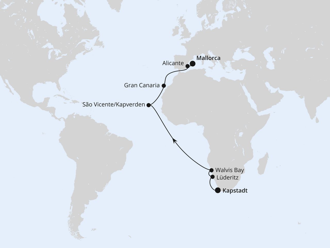Routenkarte: Von Kapstadt über Namibia nach Mallorca