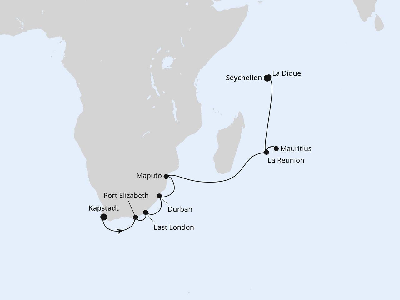 Routenkarte der AIDA Kreuzfahrt Seychellen, Mauritius & Südafrika
