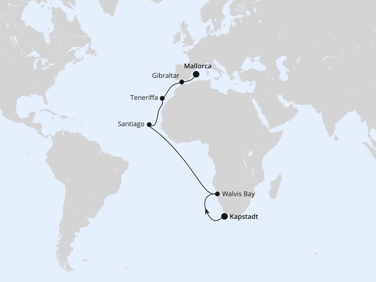 Routenkarte: Von Kapstadt über Namibia nach Mallorca